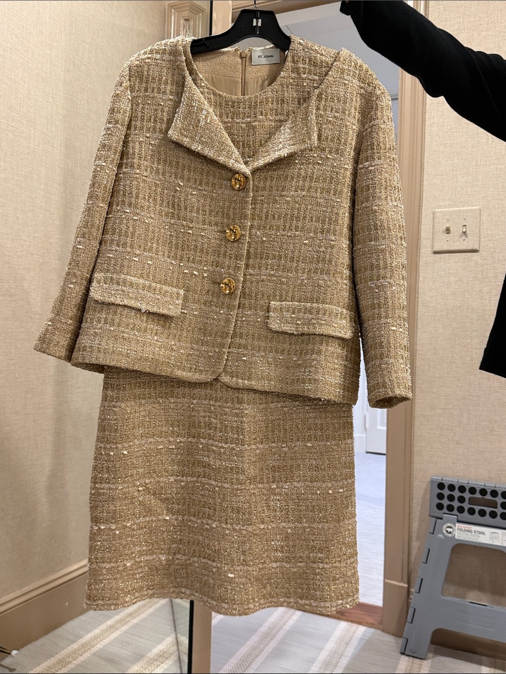 St. John Beige Tweed Skirt Suit with Gold Buttons